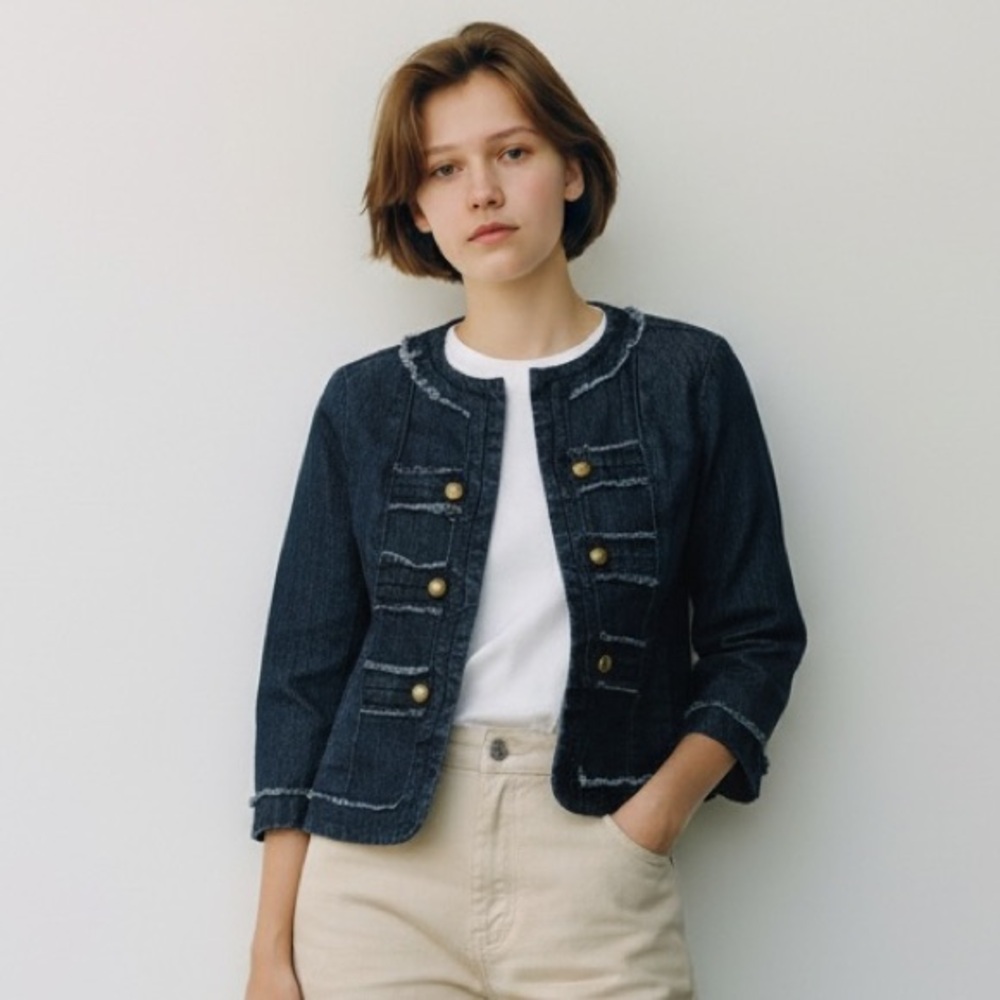 Baccini Dark Wash Jean Jacket Military Style Frayed Trim Hook Front Size Small S